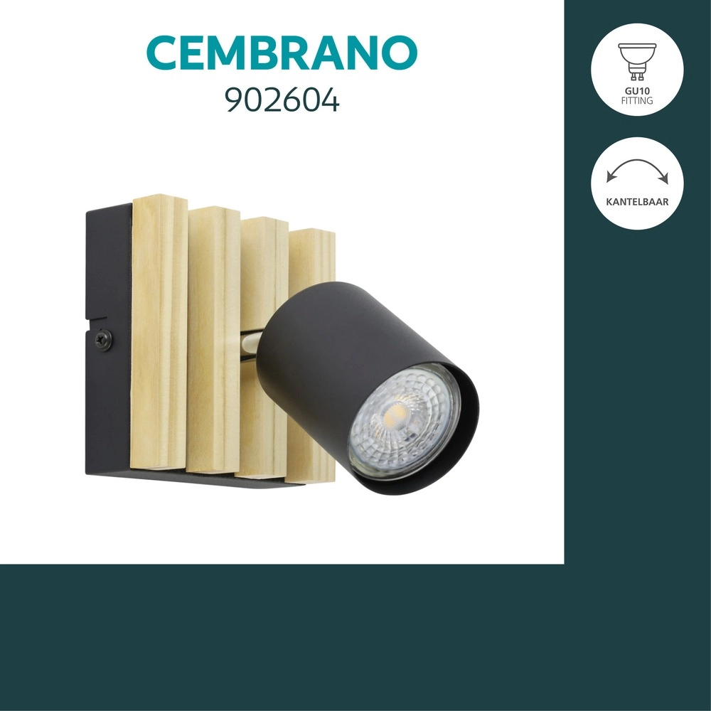 Modern spotlight Cembrano Single black with wood Eglo 9008606389049