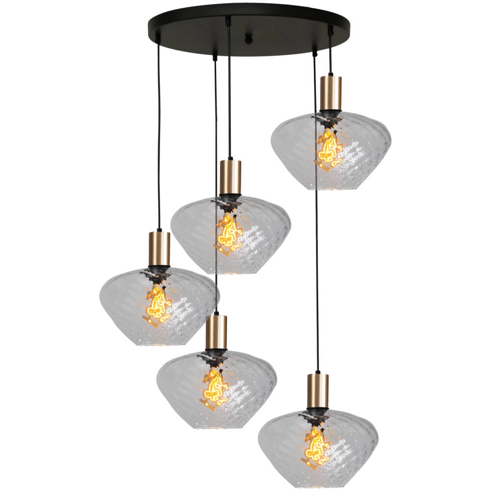 5-light loft hanging lamp - gold - Porto with Blossom clear lenses
