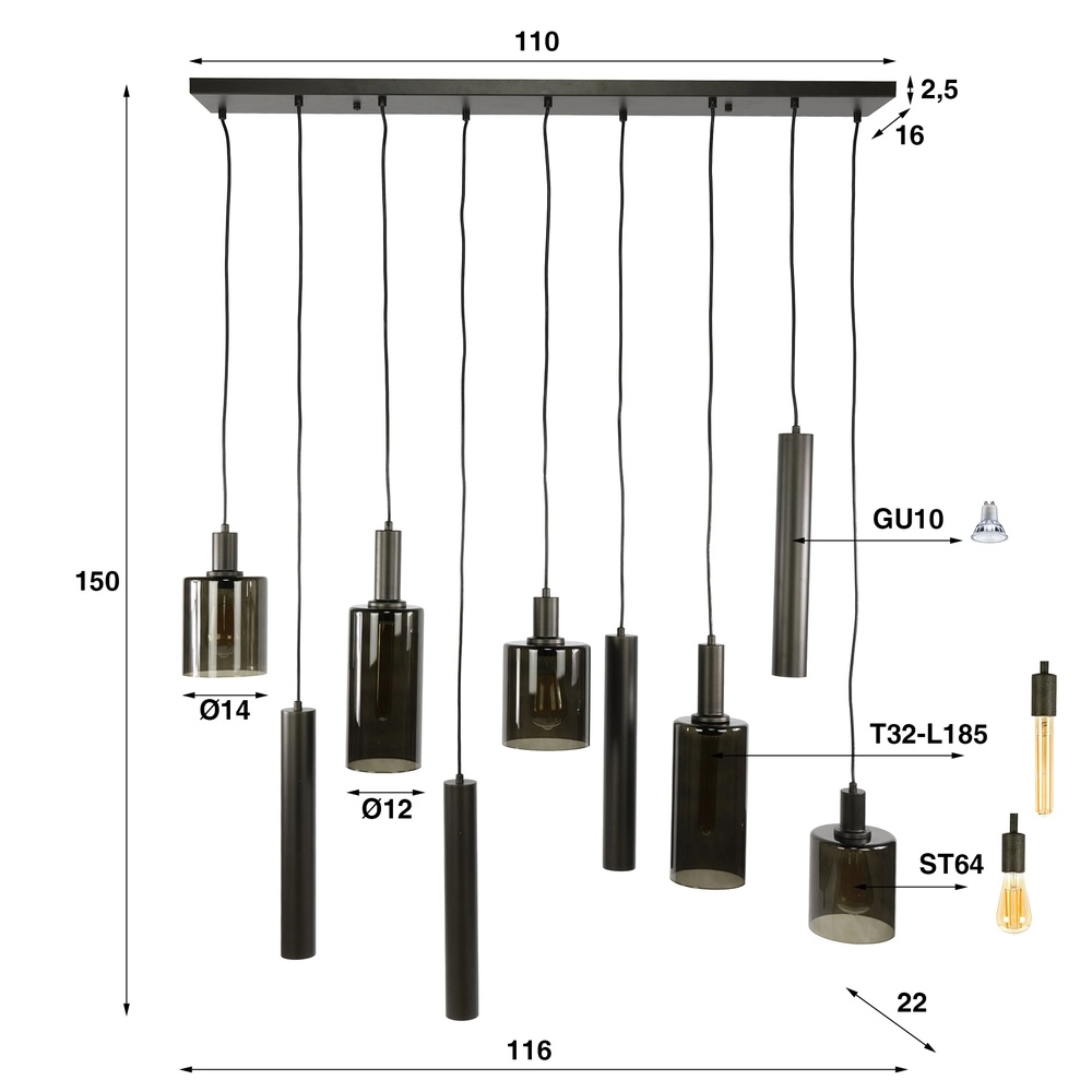 Dining table pendant lamp Sepiora Sienna brown - dark glass - with pendants Lyora 8716803513464