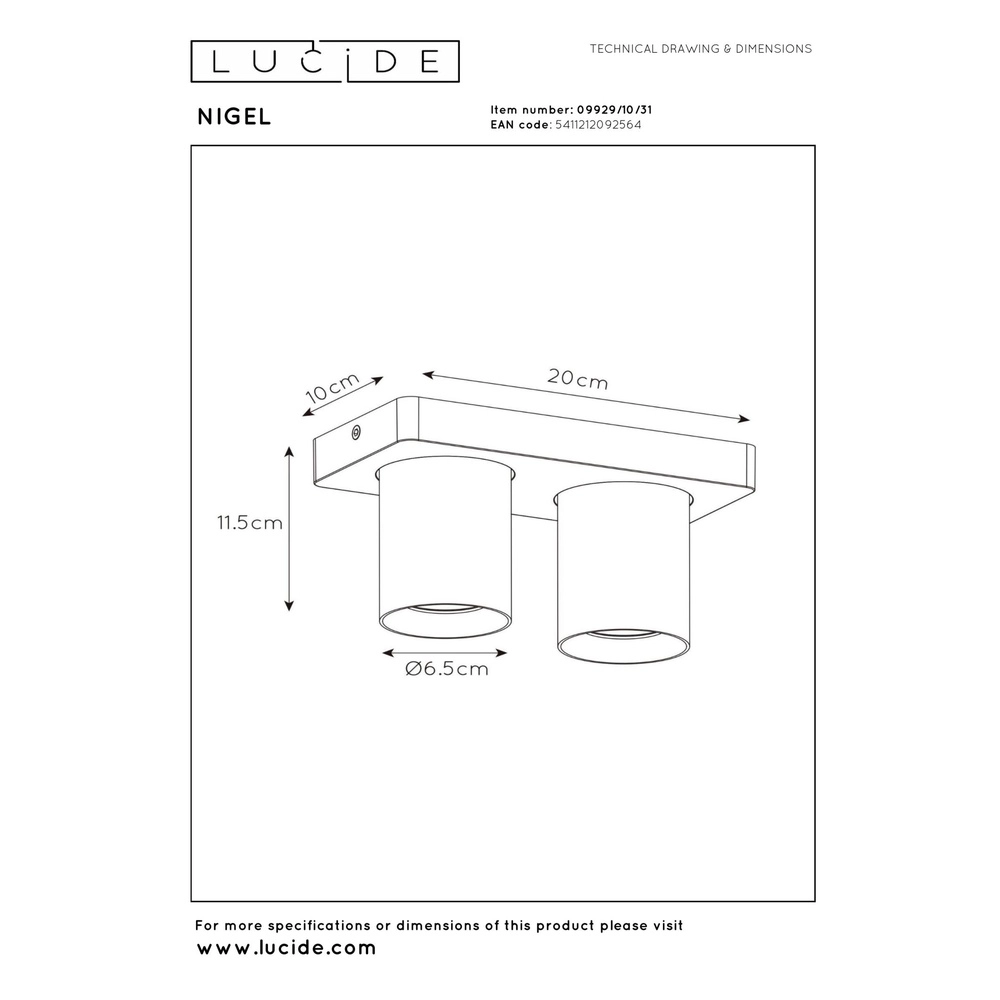 Ceiling spotlight Nigel 2-light white Lucide 5411212092564