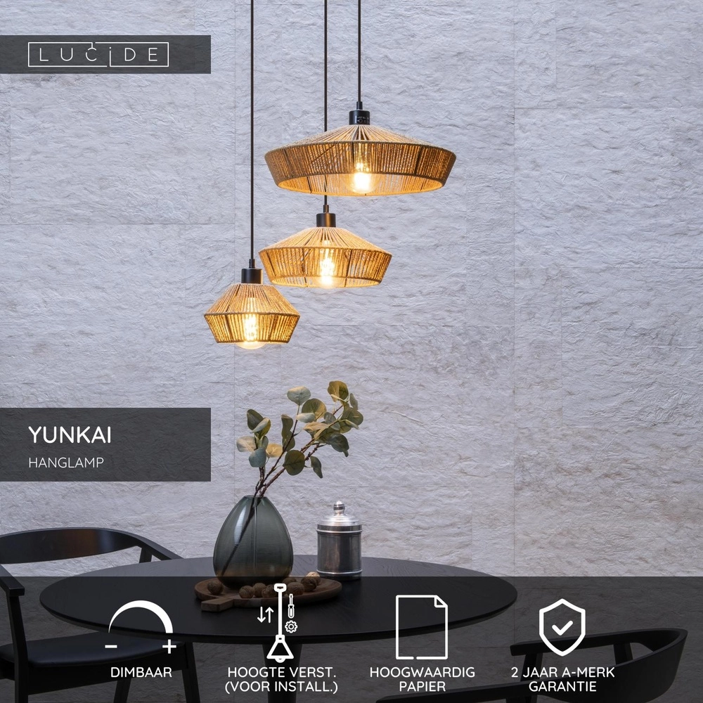 Pendant lamp Yunkai Ø 60cm black with rattan Lucide 5411212105714