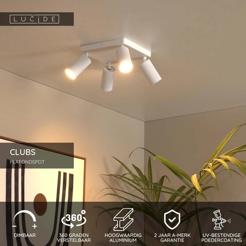 Surface-mounted ceiling spot Clubs 4-light white Lucide 5411212093530