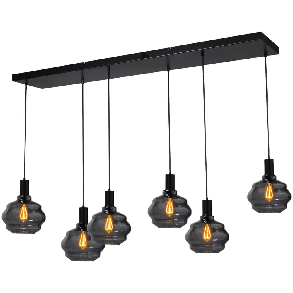 6-light hanging lamp - black - Porto with Ball smoke glasses