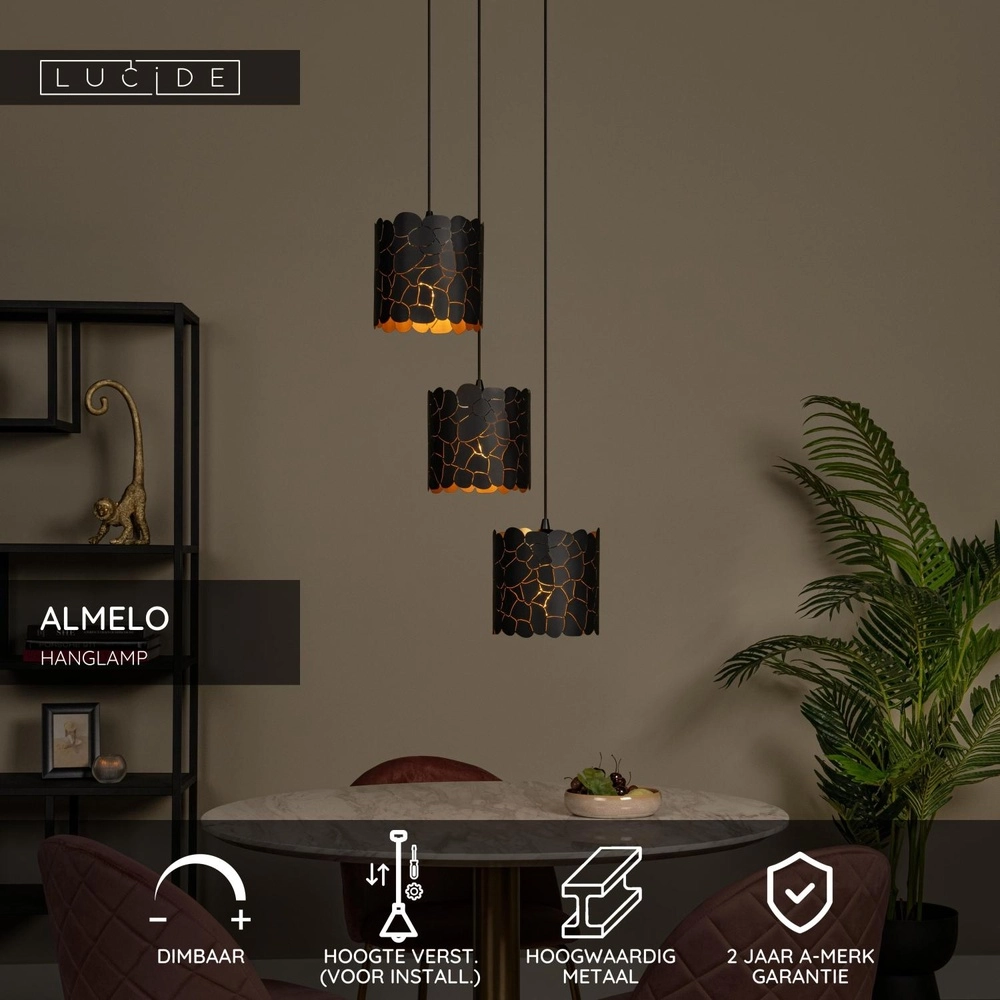 Pendant lamp Almelo 3-light black with gold inside round Lucide 5411212211880