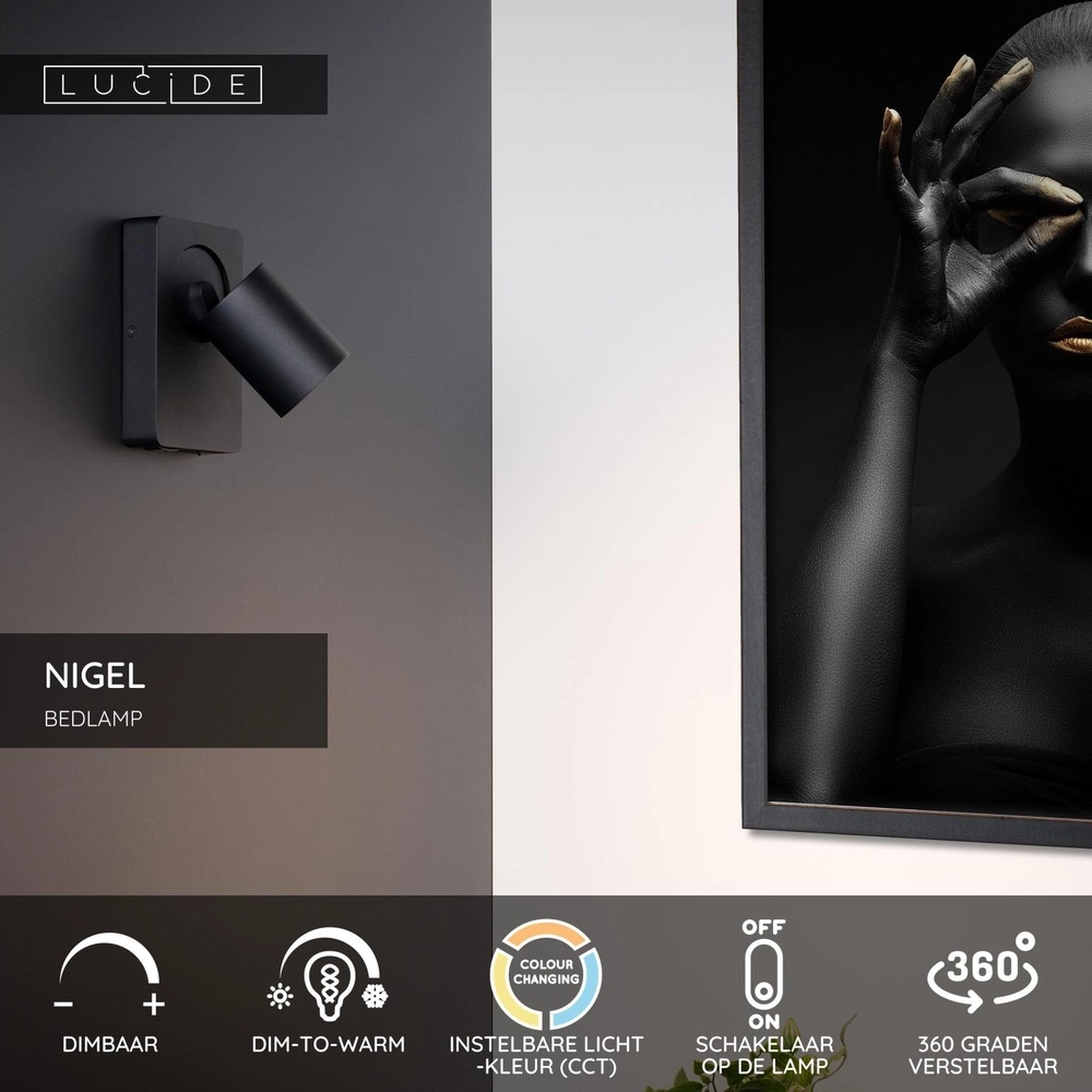 Bedside lamp Nigel with USB charging point black Lucide 5411212092731
