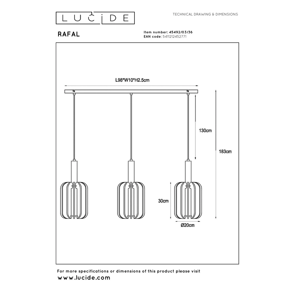 Sleek pendant lamp Rafal 3-light black with grey Lucide 5411212452771