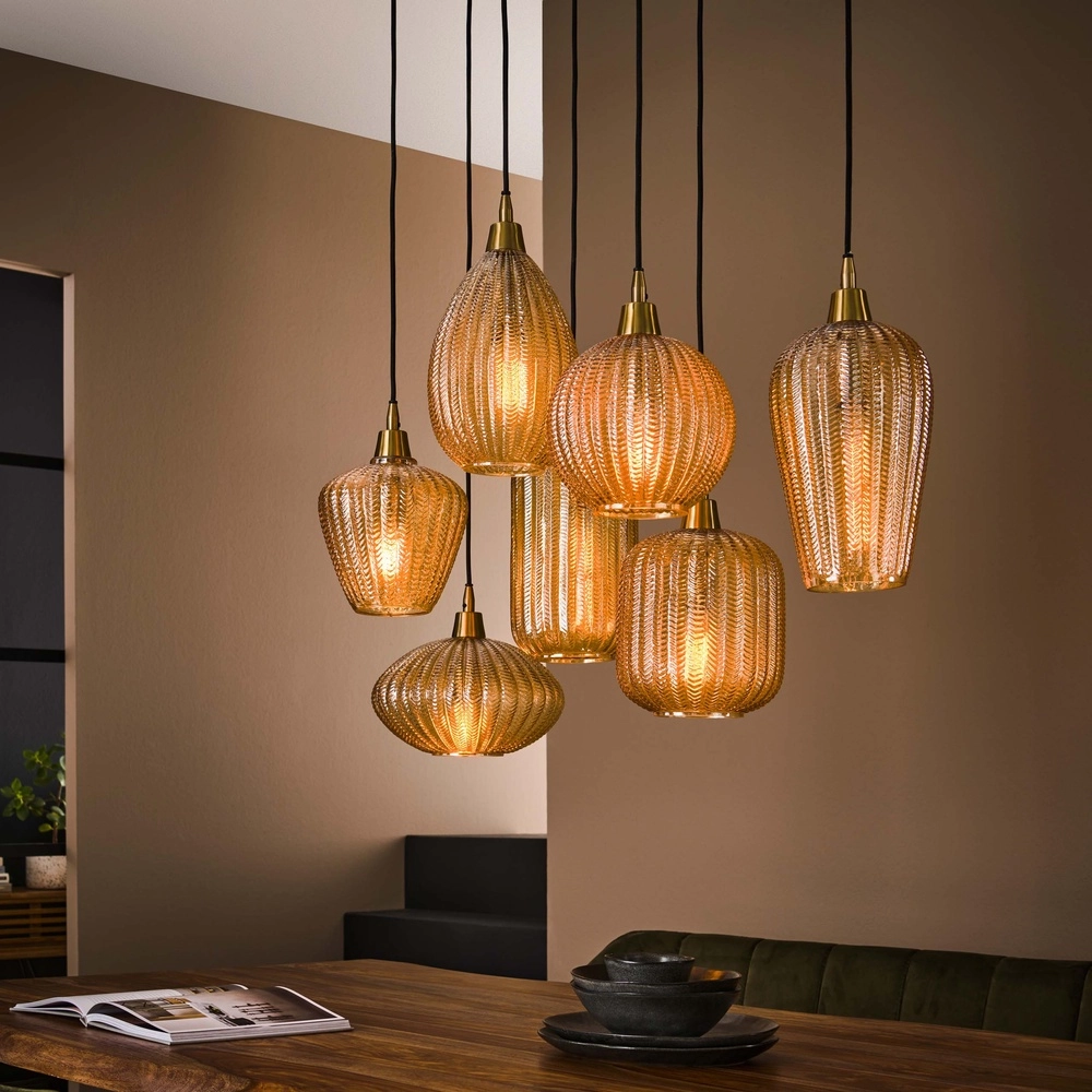 Dining room pendant lamp V-Shape 7-light - ribbed glass