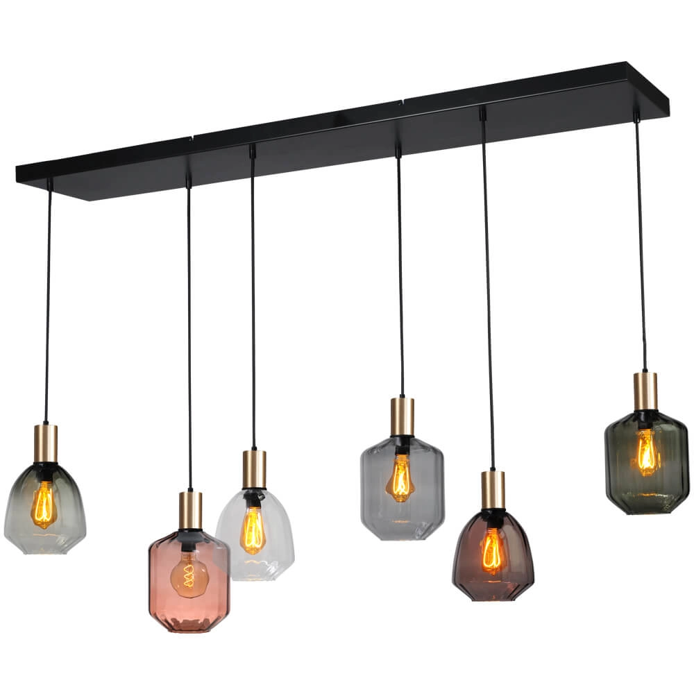 6-light hanging lamp - gold - Porto with different glasses