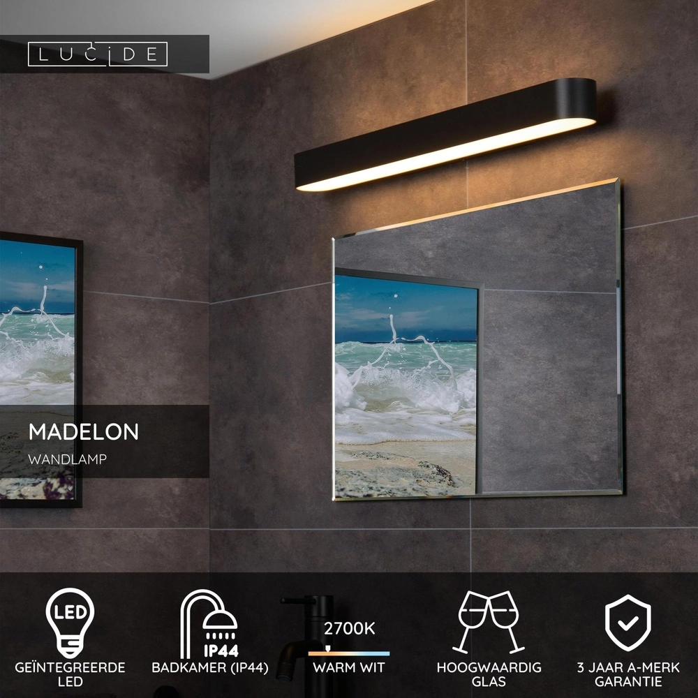 Wall lamp Madelon Suitable for bathroom black Lucide 5411212040466