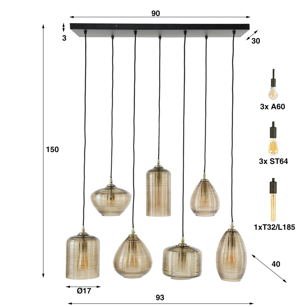 Dining room pendant lamp Stripe 7-light - ribbed glass Lyora 8716803511125