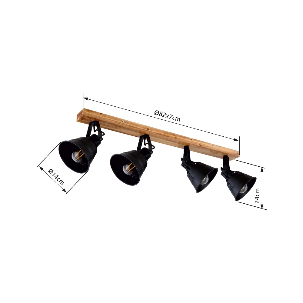 Country ceiling lamp Günther 4-light black with wood Globo 9007371404735