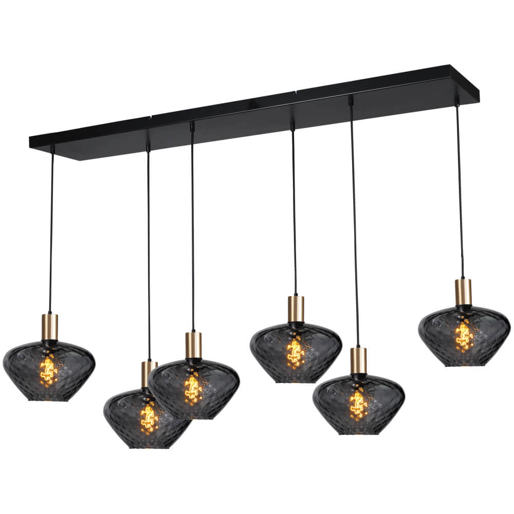 6-light hanging lamp - gold - Porto with Blossom smoke glasses