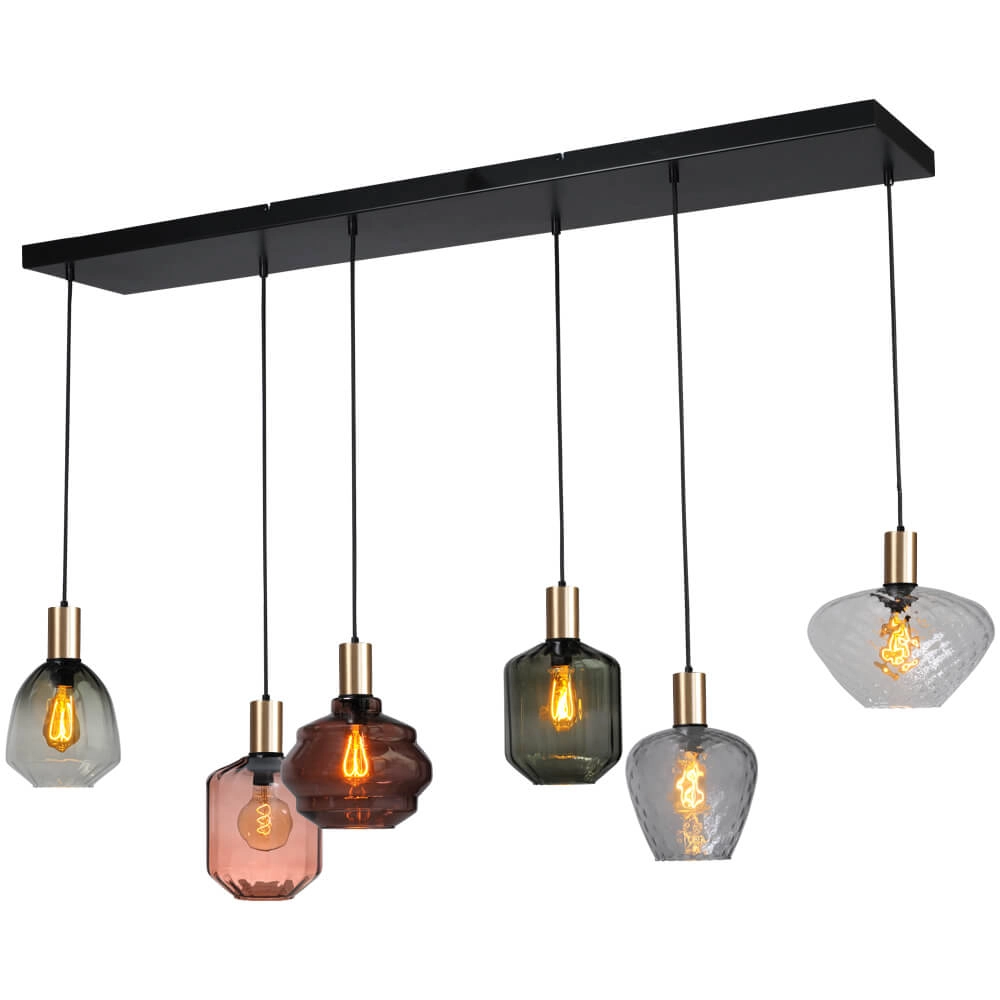 6-light hanging lamp - gold - Porto with different glasses