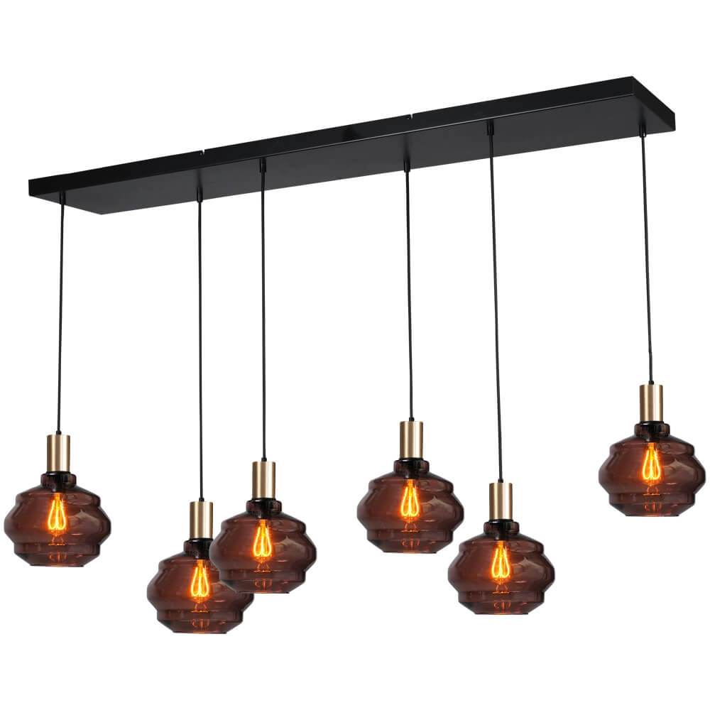 6-light hanging lamp - gold - Porto with Ball red glasses