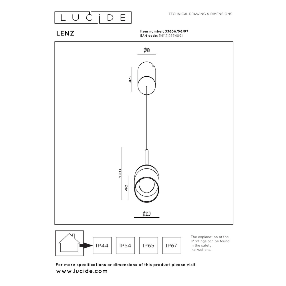 Design pendant lamp Lenz rust brown Ø 11cm IP54 Lucide 5411212334091