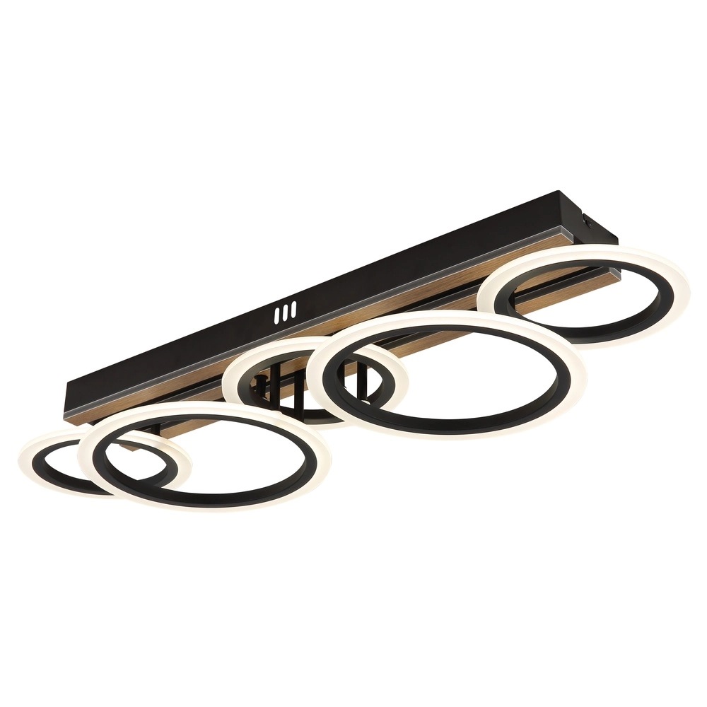 Ceiling lamp Blevins Black with wood 5 rings