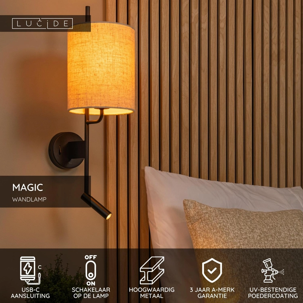 Wall lamp Magic with extra light and USB charging point Lucide 5411212680068