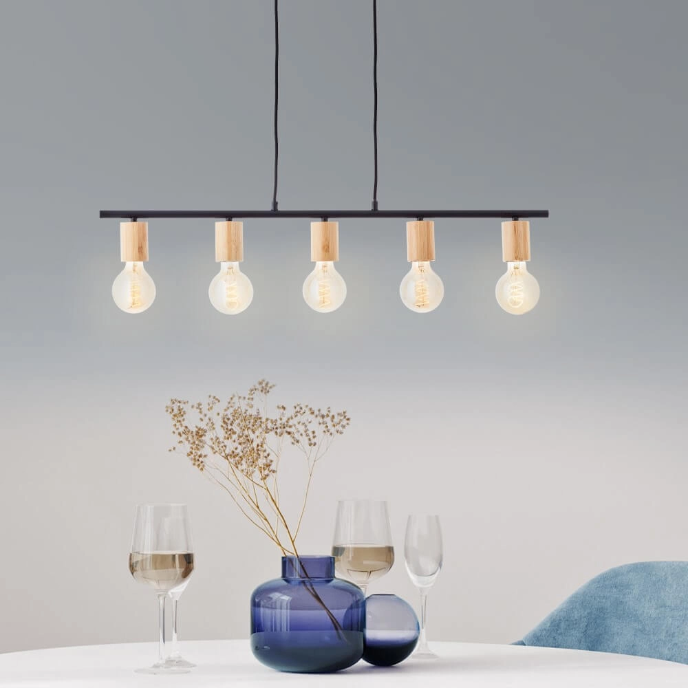 5-light pendant lamp Kerry black with wood Brilliant 4004353408960