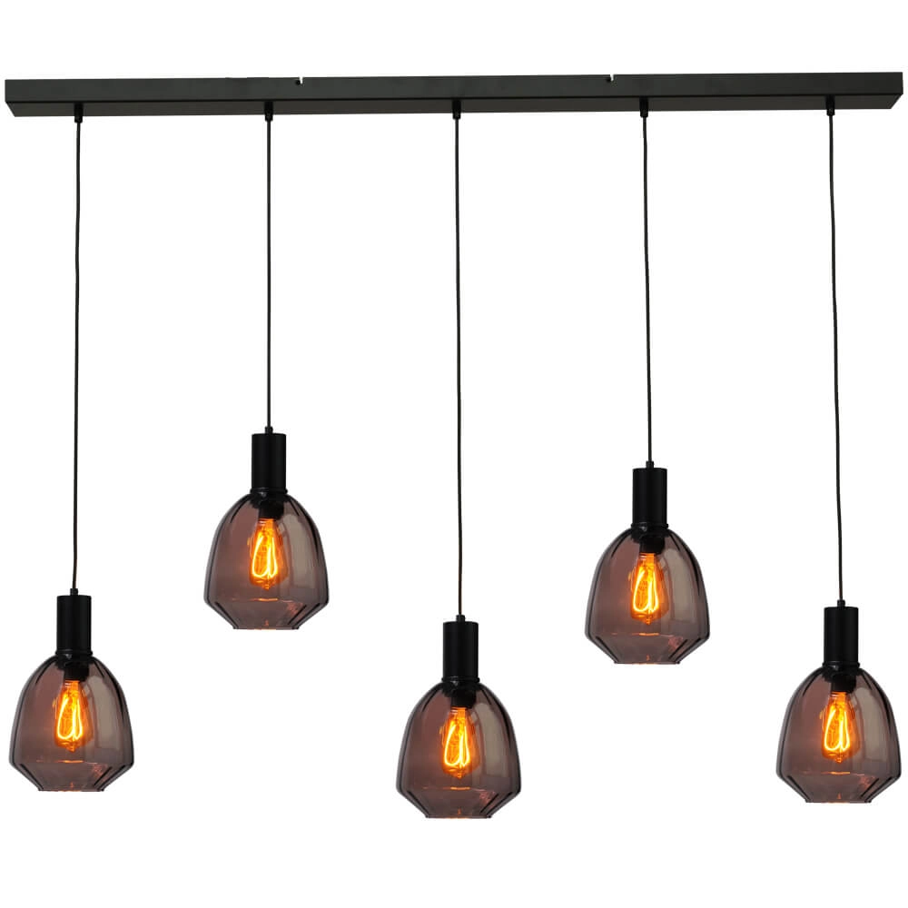 5-light hanging lamp - black - Porto with Nicolette red glasses