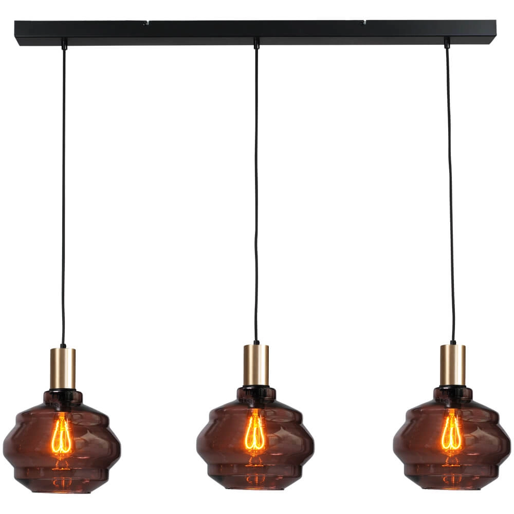 3-light hanging lamp - gold - Porto with Ball red glasses - Ø 24cm
