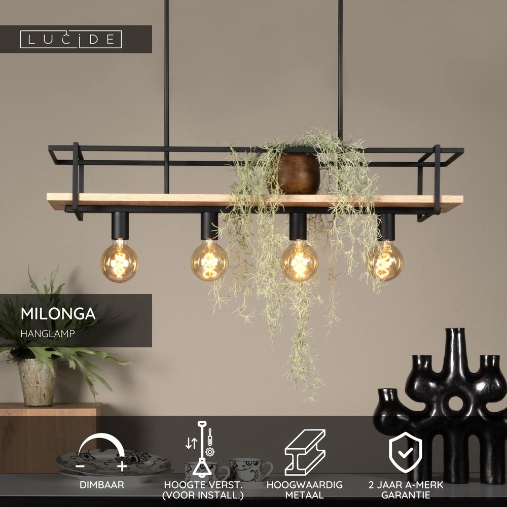 4-light pendant lamp Milonga black with wood Lucide 5411212211750