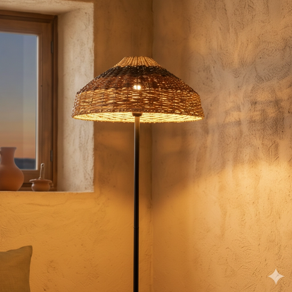 Floor lamp Caro black and rattan