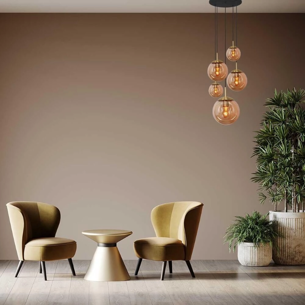 5-light loft hanging lamp Bolique gold with amber glass Steinhauer 8712746166439