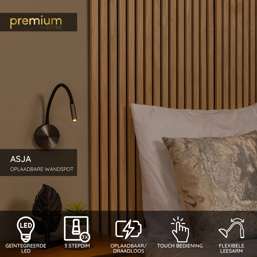 Bedside lamp Asja dimmable brushed metal Premium by Lucide 5411212421197