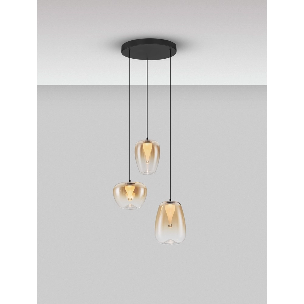 Design pendant lamp Oblo 3-light amber glass