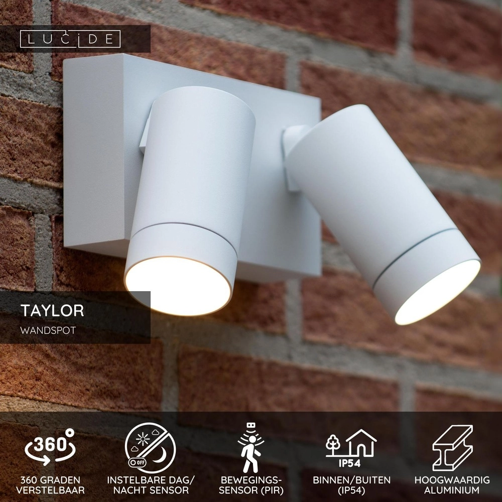 Wall spotlight Taylor IP54 double with sensor white Lucide 5411212092724
