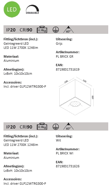LED surface mounted spot Brick white Artdelight 8719831731626