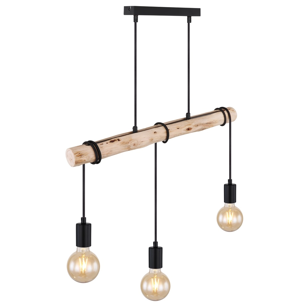 3-light dining table pendant lamp Gregor black with wood Globo 9007371436330