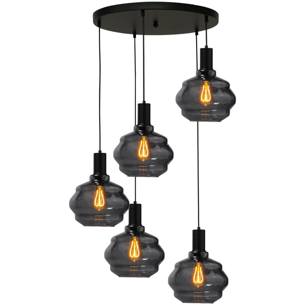 5-light loft hanging lamp - black - Porto with Ball smoke glasses - Ø 24cm