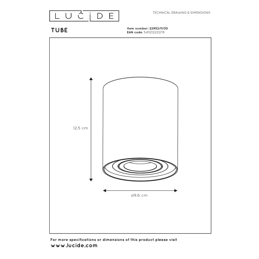 Surface-mounted ceiling spot Tube black Ø 9.6cm Lucide 5411212221278