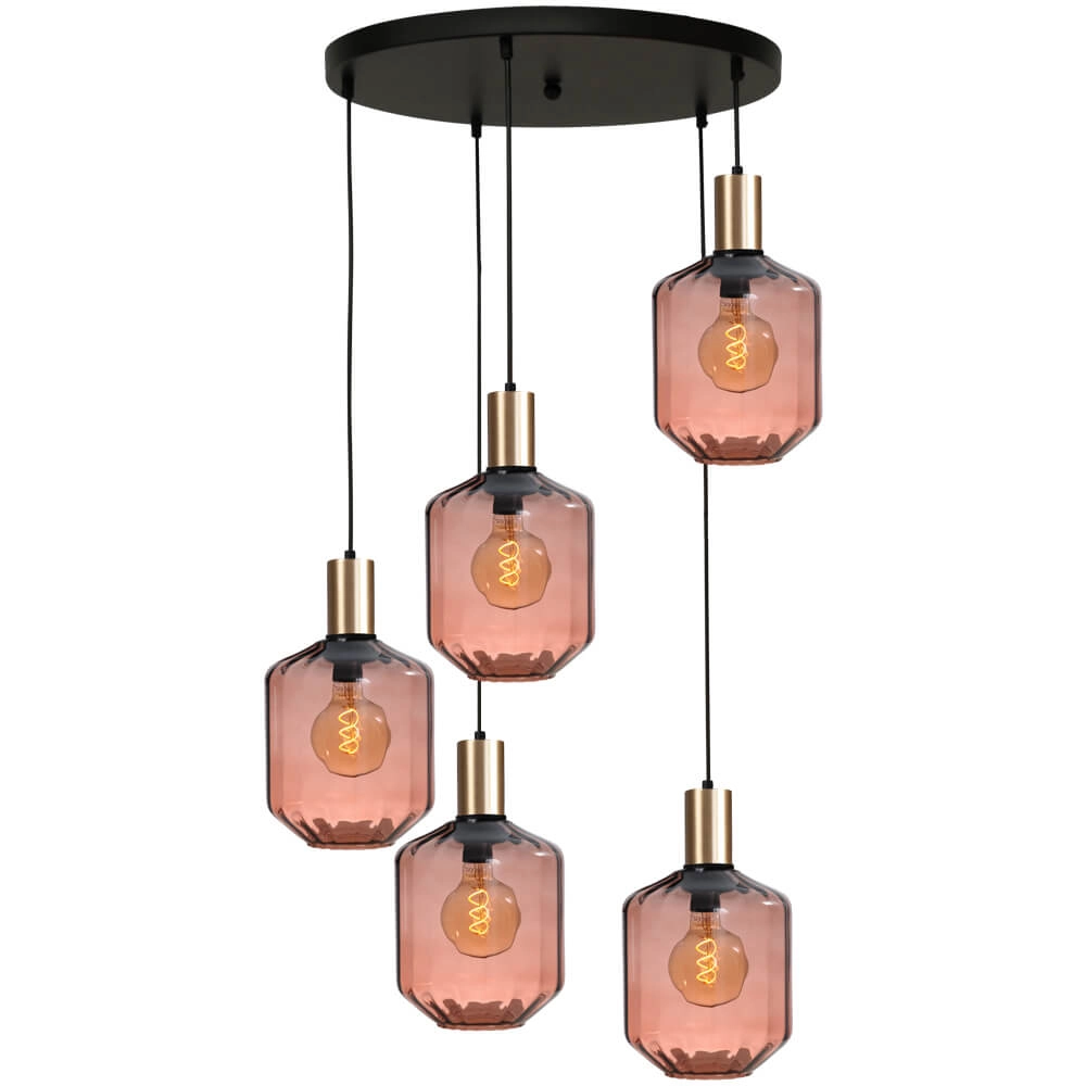 5-light loft hanging lamp - gold - Porto with Jagger red glasses - Ø 24cm