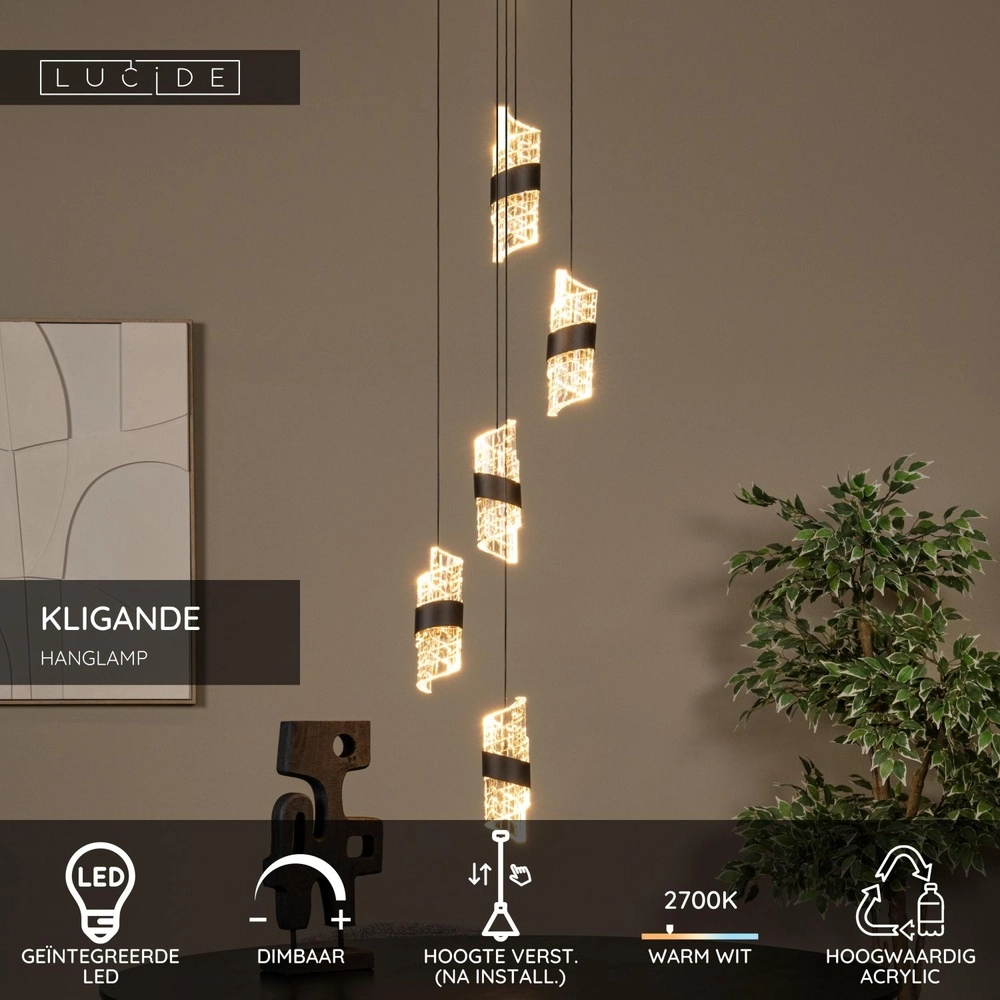 Design pendant lamp Kligande 5-light black round Lucide 5411212134639