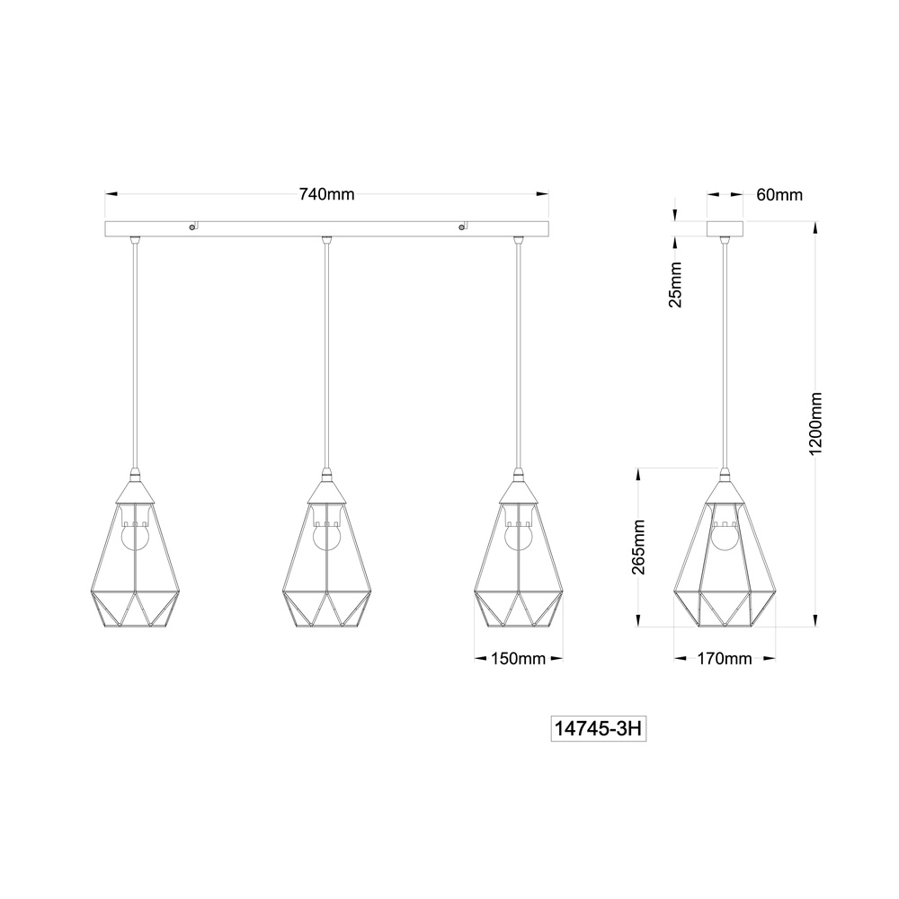3-light pendant lamp Zachary Black Globo 9007371447909