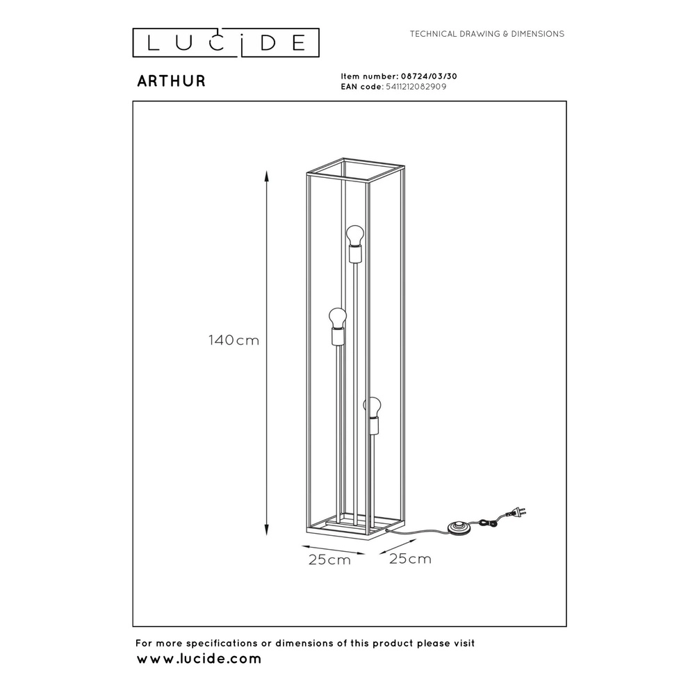 Floor lamp Arthur 3-light black Lucide 5411212082909
