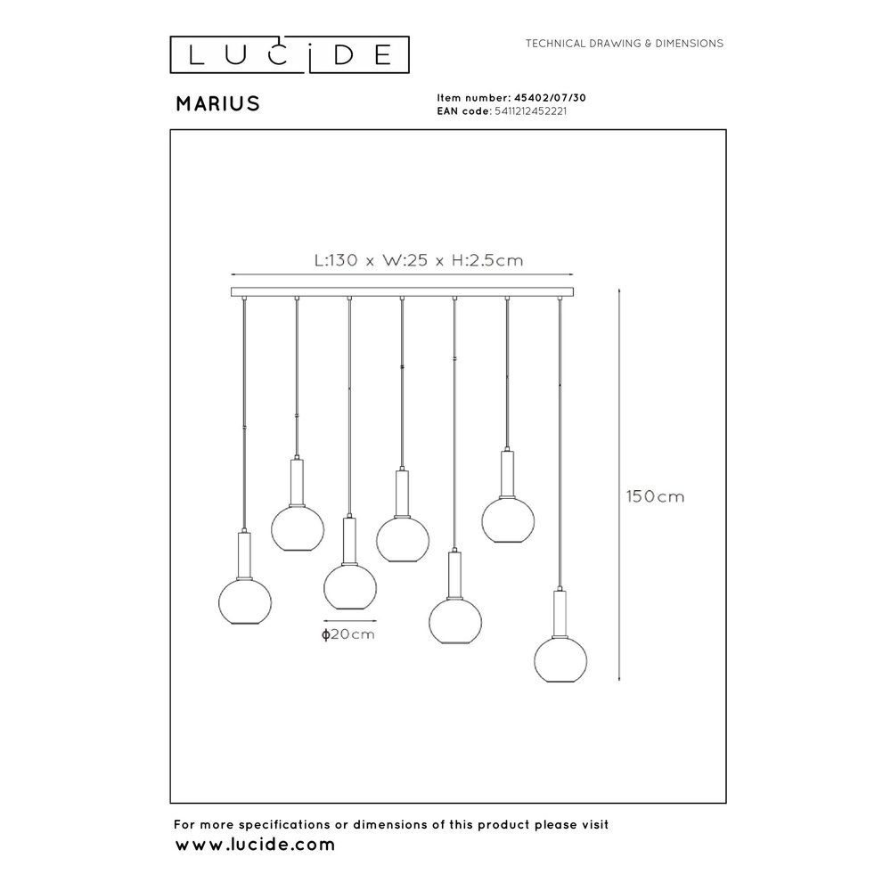 Pendant lamp Marius 7-light black Lucide 5411212452221