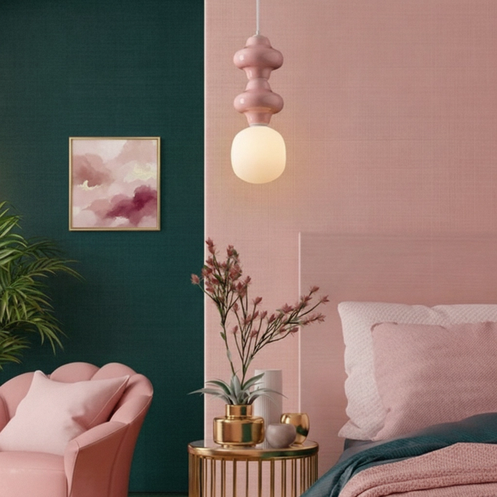 Pendant lamp Clio M pink ceramic with white glass