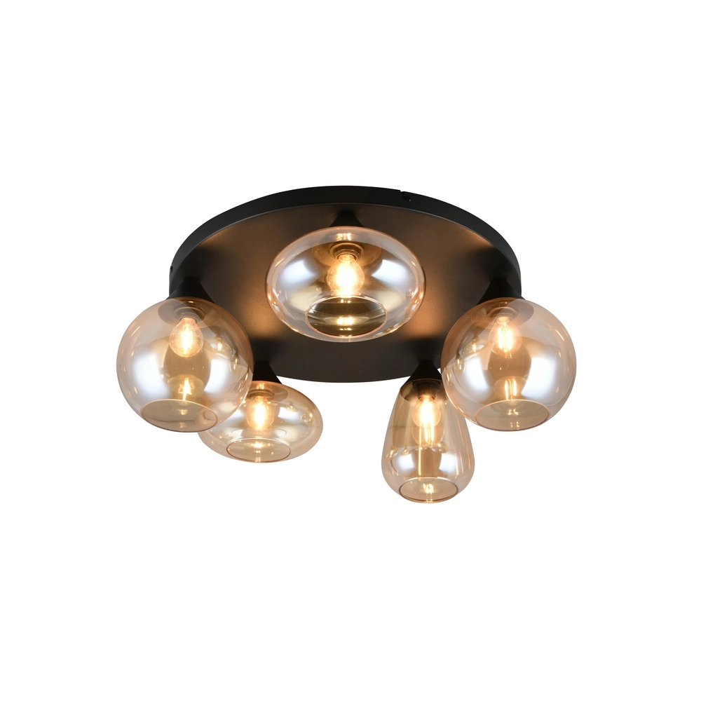 5-light ceiling lamp Lumina black with amber glass