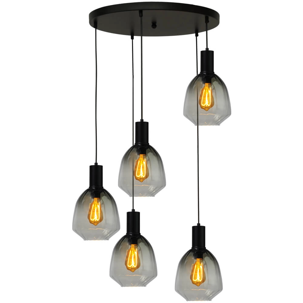 5-light loft hanging lamp - black - Porto with Nicolette green glasses