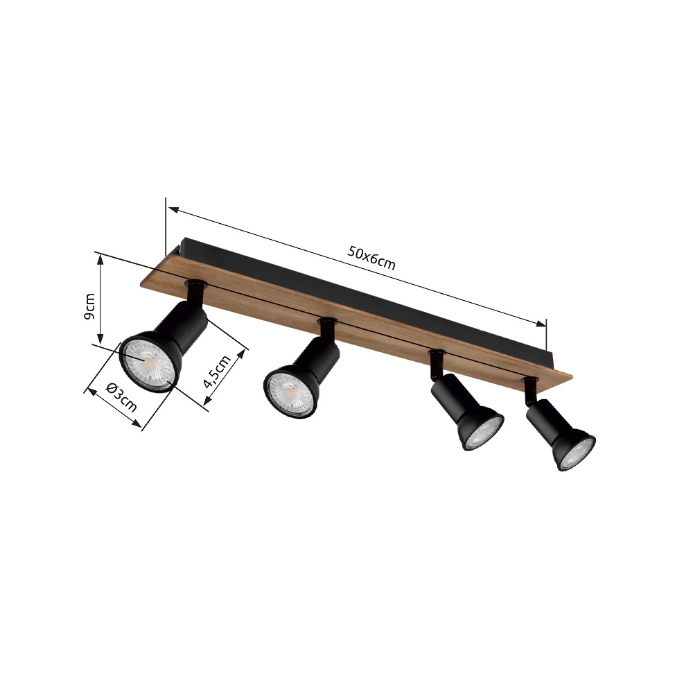 Ceiling spotlight Drew black with wood 4-lights Globo 9007371436781