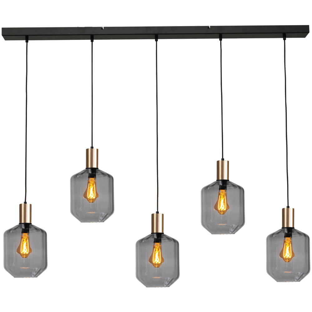 5-light hanging lamp - gold - Porto with Jagger smoke glasses