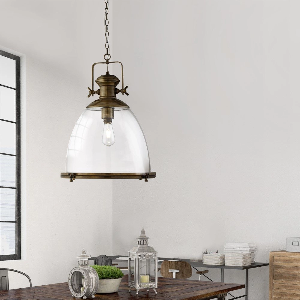 Old brass pendant lamp Industrial with glass Searchlight 5053423051802