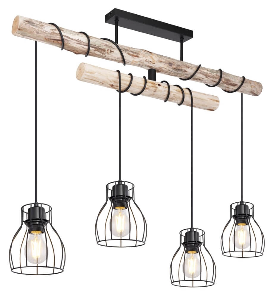Pendant lamp Mina black with wood 4-light ranging