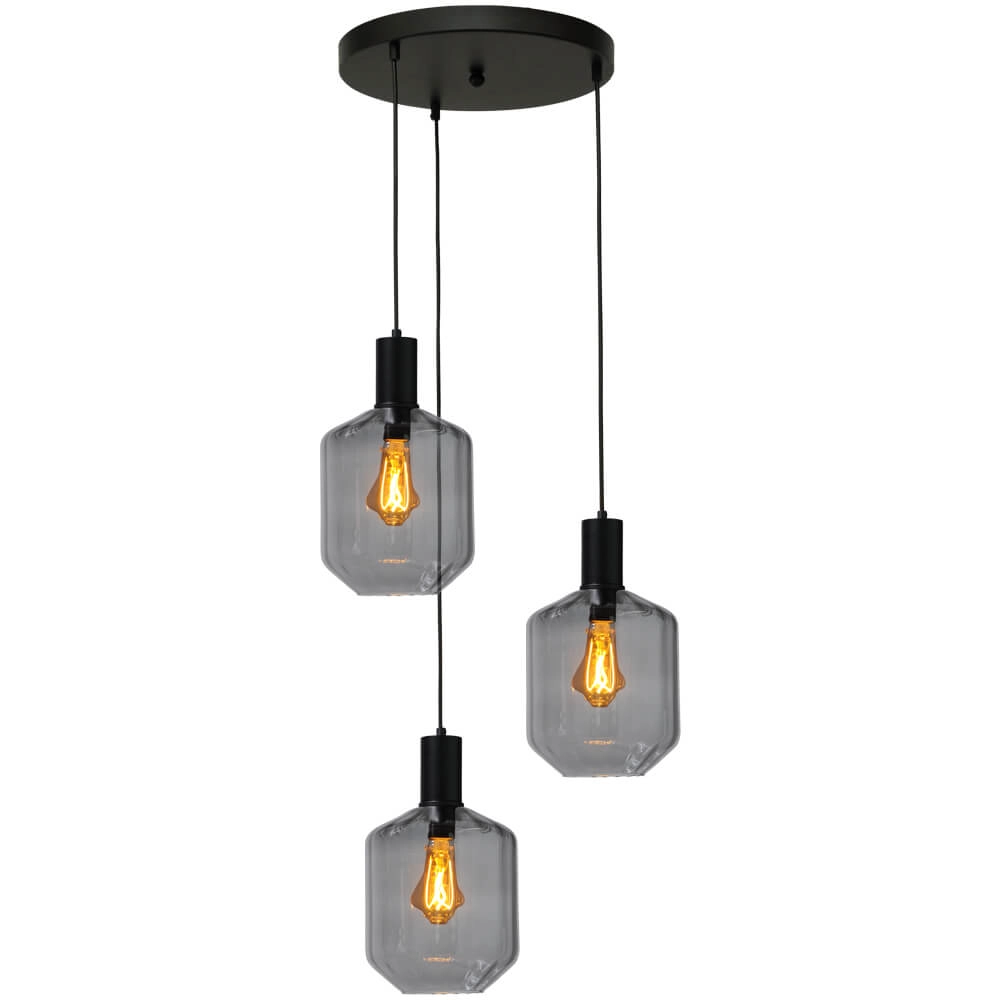 3-light loft hanging lamp - black - Porto with Jagger smoke glasses