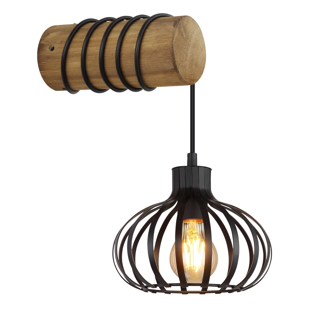 Country wall lamp Caldwell black with wood