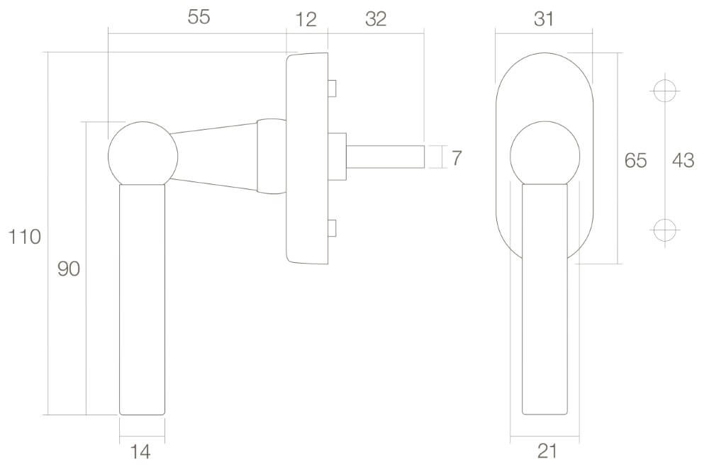 Window handle L-model brass tumbled Intersteel 8714186119716