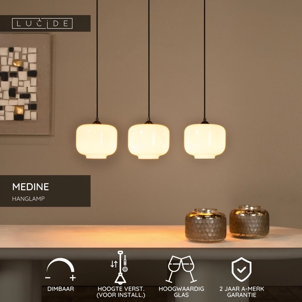 Hanging lamp straight Medine 3-light black with opal Lucide 5411212461001